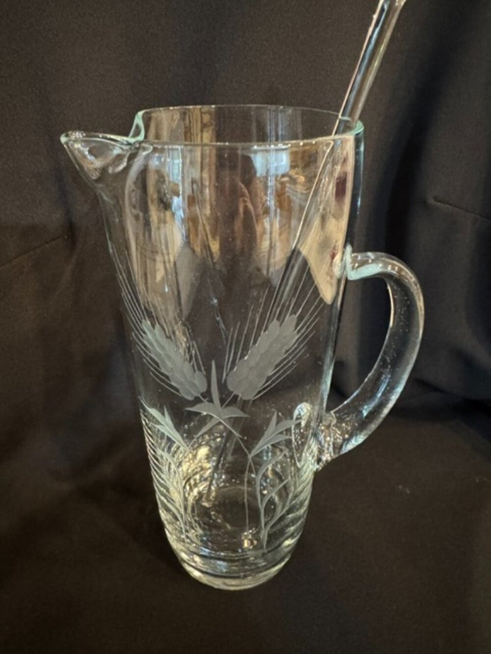 Vintage clear glass cocktail mixer pitcher with etched wheat pattern